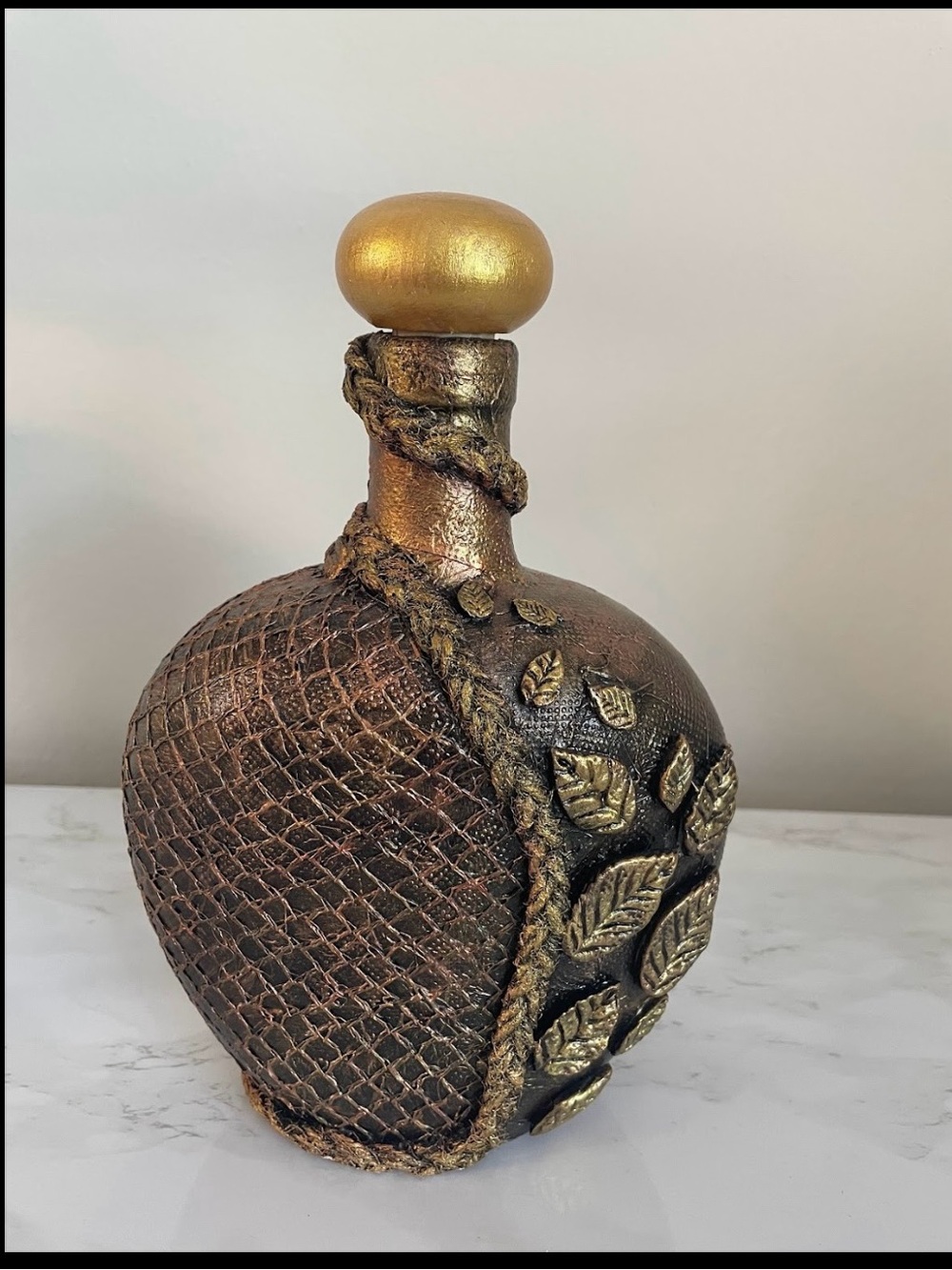 Handcrafted Gold & Bronze Decorative Glass Bottle - Home Art Accent